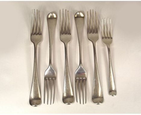 SILVER FORKS.
Five George III OE pattern table forks, by Richard Crossley, London 1786 & a Georgian dessert fork. 12oz.