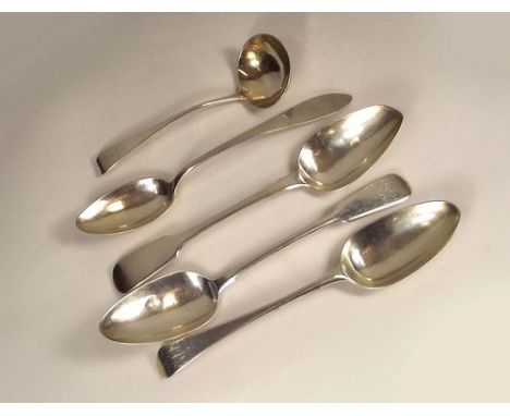 SILVER SPOONS.
Three various Georgian tablespoons, a Georgian sauce ladle & a continental silver coloured metal tablespoon. 9