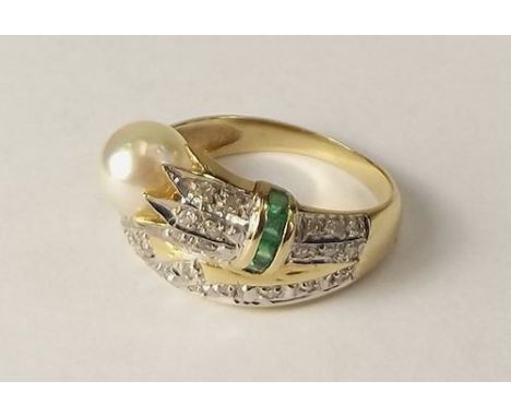 GOLD RING.
A 14k. cultured pearl, diamond & baguette emerald ring. Size K.