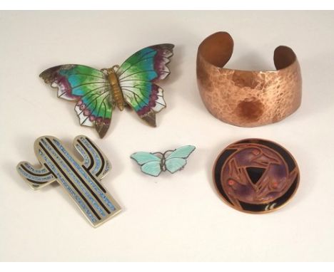 ENAMEL ETC.
A Mexican silver & enamel cactus brooch, a copper bangle etc. (width of large butterfly 8.5cm)
