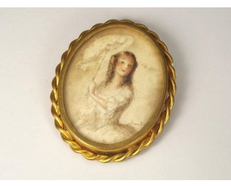 PORTRAIT MINIATURE.
A watercolour portrait miniature of a girl with a parasol, indistinctly signed, in gilt metal brooch moun
