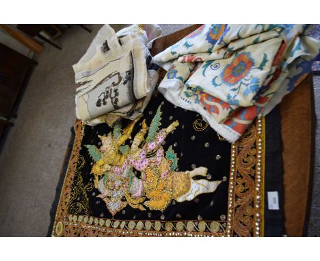 20TH CENTURY SOUTH EAST ASIAN NEEDLEWORK PANEL DECORATED WITH FIGURES, TOGETHER WITH VARIOUS OTHER TAPESTRIES AND FABRIC