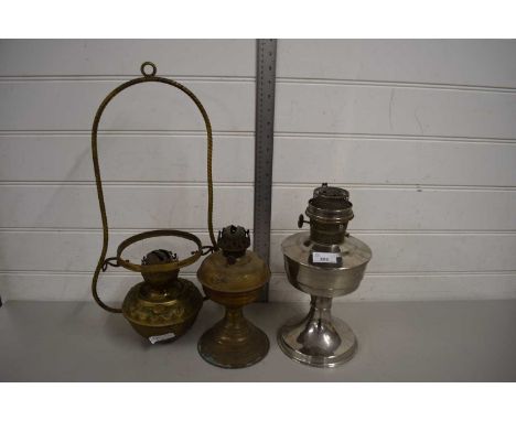 TWO OIL LAMP BASES PLUS A FURTHER HANGING OIL LAMP (3)