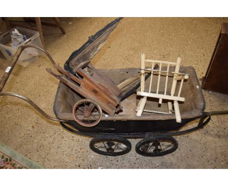 MIXED LOT - VINTAGE PRAM (FOR RESTORATION), TOGETHER WITH A CHILD'S TOY TWO-WHEELED CART, AND A CHILD'S CHAIR (3)