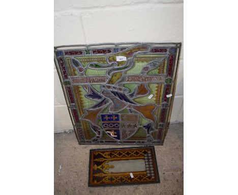 LEADED GLASS PANEL, 60 X 48CM, DECORATED WITH HERALDIC DETAIL, TOGETHER WITH A FURTHER SMALLER PANEL (2)