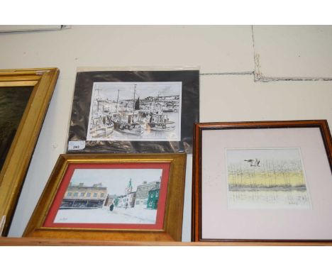 MIXED LOT ROBERT MASSEY STUDY OF A LAKE SCENE, TOGETHER WITH JOHN ABBOTT STUDY OF A HIGH STREET, AND A FURTHER PRINT OF A HAR