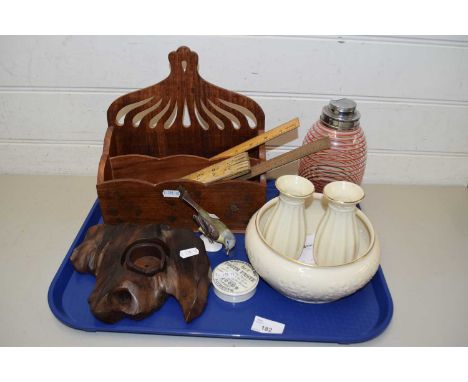 MIXED LOT VARIOUS VINTAGE RULERS, DESK LETTER RACK, LENNOX POTTERY VASES AND BOWL ETC