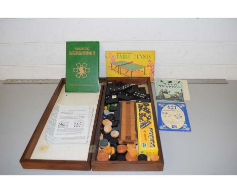 INLAID FOLDING GAMES BOX AND CONTENTS TO INCLUDE DRAUGHTS, DOMINOES, CRIBBAGE ETC