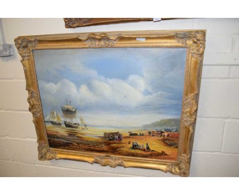 20TH CENTURY STUDY OF FIGURES AND BOATS ON A BEACH, OIL ON CANVAS, GILT FRAMED