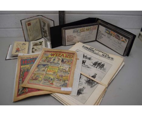 MIXED LOT VARIOUS VOLUMES 'THE ILLUSTRATED LONDON NEWS', VINTAGE WIZARD COMIC, ALBUMS OF POSTCARDS AND FIRST DAY COVERS