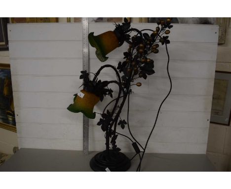 MODERN BRONZE EFFECT THREE BRANCH TABLE LAMP WITH FLORAL DECORATION