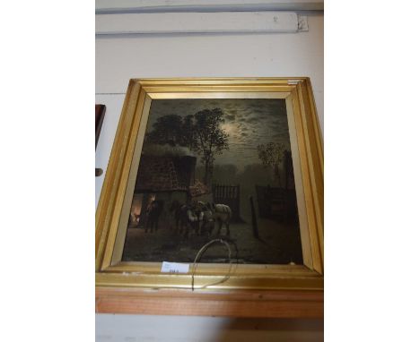 FIGURES BEFORE A BLACKSMITH'S FORGE, GILT FRAMED