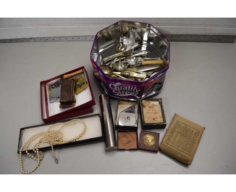 BOX OF MIXED VINTAGE CUTLERY, CASED QUEEN ELIZABETH CORONATION MEDALLION, CIGARETTE LIGHTERS AND OTHER ASSORTED ITEMS