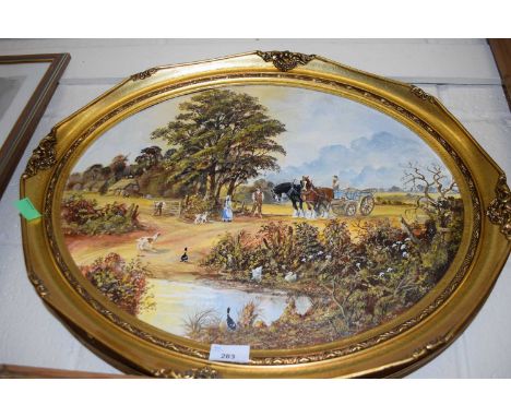 20TH CENTURY STUDY, RURAL SCENE WITH FIGURES AND HORSE AND CART, OIL ON CANVAS, OVAL GILT FRAME