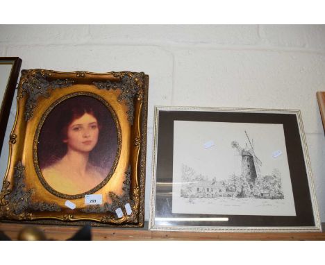 REPRODUCTION GILT FRAMED OLEOGRAPH PORTRAIT OF A YOUNG LADY SET IN A HEAVY GILT FRAME, TOGETHER WITH A FURTHER STUDY 'ALFORD 