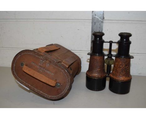 PAIR OF VINTAGE LEATHER MOUNTED BINOCULARS MARKED 'MG MR V WIDE NO 54096' AND BEARING MILITARY CROWS FOOT MARK