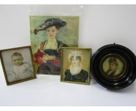 MINIATURE PORTRAITS, 19th Century oil on ivory, portrait of Lady with lace collar; also portrait on ivory of Young Child, tog