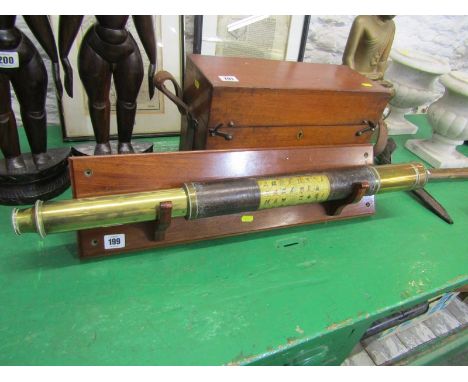 MARITIME, 19th Century leather cased single draw telescope with applied flags and pendants panel and mahogany hanging rack br