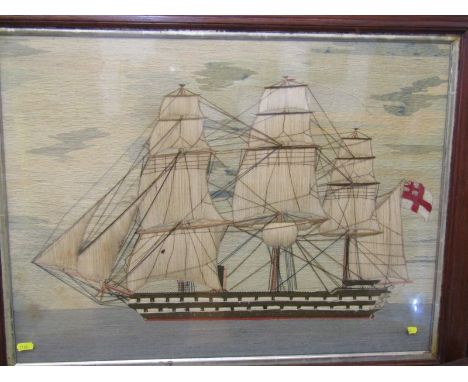 MARITIME, 19th Century Nautical Woolwork "Portrait picture of Triple Masted Frigate", 10" x 25" 