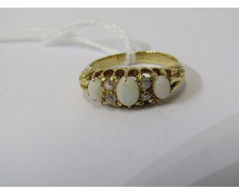 18ct YELLOW GOLD OPAL &amp; DIAMOND RING, 3 principal oval cut opals, each seperated by a pair of old cut diamonds, size K 1/