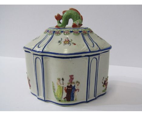 GEORGIAN PORCELAIN TEA CADDY, serpentine body with applied classical figures &amp; fish finial (restored) 5" width 