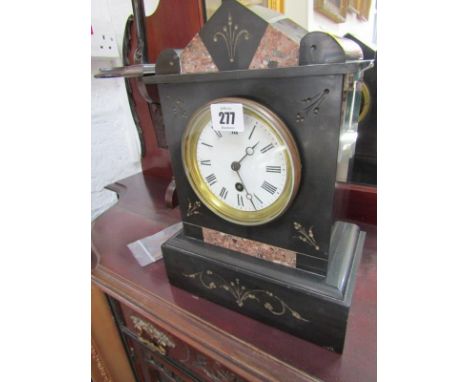 BLACK MARBLE MANTLE CLOCK, architectural design with inlaid coloured marble, 12" height 