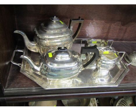 SILVERPLATE, Art Deco design octagonal twin handled tray with 3 piece similar tea service, together with Victorian silverplat