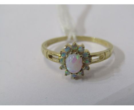 OPAL CLUSTER RING, 9ct yellow gold opal cluster principle stone surrounded by smaller accent stones, size N/O 