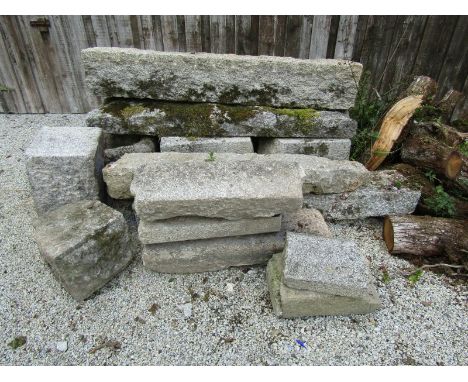 GRANITE, 5 gate posts, 2 plinths, 3 steps, 4 coping stones, also vintage stonework trough 25" x 18"POSTS 2 x 72" long (9" x 1