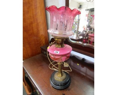 ANTIQUE LIGHTING, Edwardian cranberry glass shade oil lamp converted to electricity 