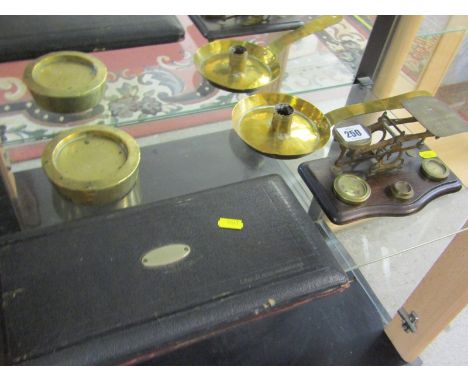 POSTAL SCALES, brass balance scales with 4 graduated weights; also cased draughtsman set on a vintage brass slab weight &amp;