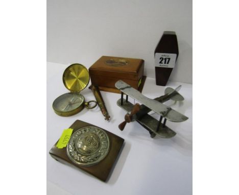 TRENCH ART, Model of Bi-plane, novelty coffin shaped snuff box, pocket compass, mauchline box etc 
