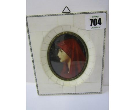 PORTRAIT MINIATURE, "Lady in Red Cloak" in piano key frame 