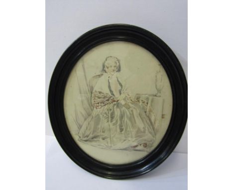 VICTORIAN PORTRAIT WATERCOLOUR, oval portrait of "Seated Lady" 7" x 6" 