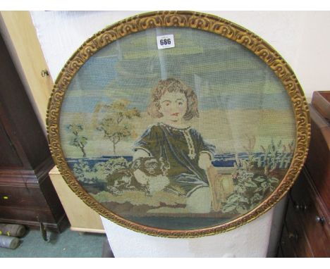 VICTORIAN TAPESTRY, 19th Century circular  tapestry picture "Girl With Dog", 21" diameter 