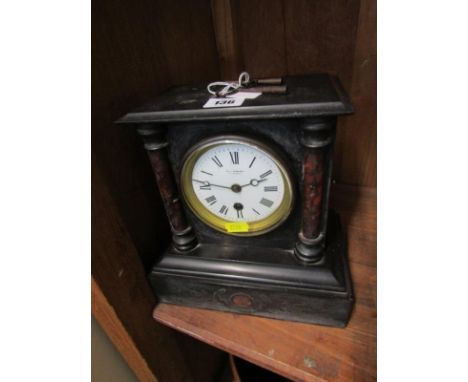VICTORIAN MARBLE MANTEL CLOCK, red column design black marble clock by Ham &amp; Huddy of Liskeard, with key, 9" height 