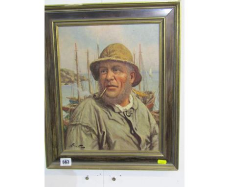 L. NOIREAUT , signed oil on canvas "Portrait of French Fisherman smoking a Pipe", 13" x 10" 