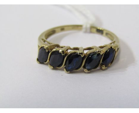 9ct YELLOW GOLD 5 STONE SAPPHIRE HALF ETERNITY STYLE RING, 5 marquise cut sapphires of good deep blue colour 