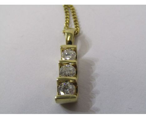 3 STONE DIAMOND DROP PENDANT, unusual design traffic light style 3 stone diamond set in 9ct yellow gold on 9ct yellow gold fl