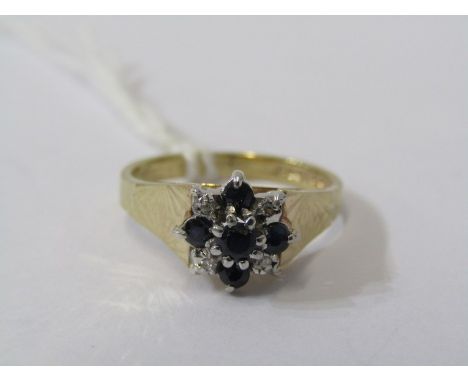 9CT YELLOW GOLD SAPPHIRE &amp; DIAMOND CLUSTER RING, size K/L 