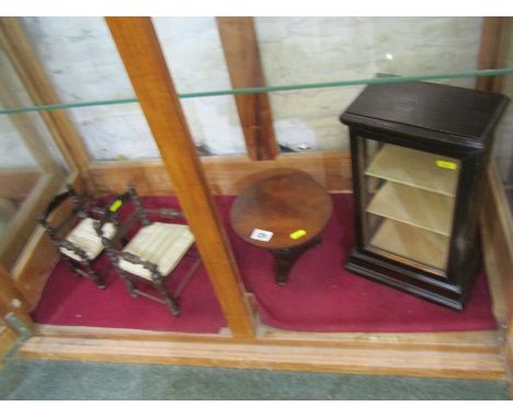 APPRENTICE FURNITURE, mahogany circular topped dining table, with ebonised glazed display cabinet &amp; two ladder back armch