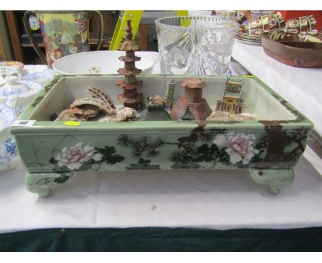 ORIENTAL CERAMICS, Chinese celadon ground rectangular display trough together with collection of miniature Oriental garden it