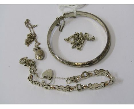 SILVER ITEMS, including silver hinged bangle, gate bracelet, box link chains etc 