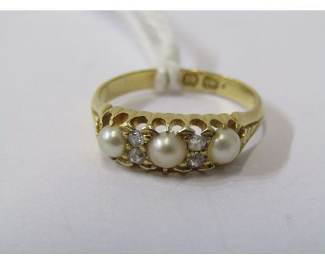 18ct YELLOW GOLD DIAMOND &amp; PEARL RING, 3 cultured pearls each seperated by a pair of accent old cut diamonds on 18ct yell