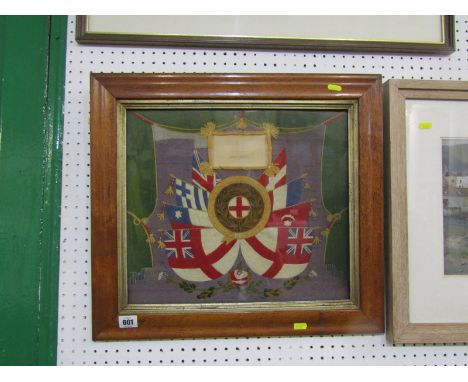 MARITIME, 19th Century nautical woolwork panel depicting photographic ship portrait &amp; flags in maple frame, 13" x 15" 
