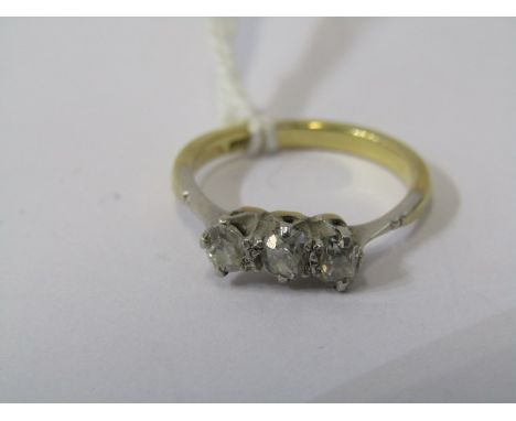 18ct YELLOW GOLD PLATINUM &amp; DIAMOND 3 STONE RING, 3 matching old cut diamonds totalling approx 0.33ct in 18ct and platinu