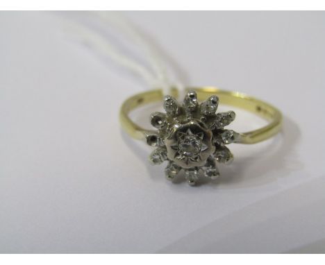 DIAMOND CLUSTER RING, 18ct gold illusion set diamond cluster ring, size K (2 small stones to the outer missing) approx 2.6grm