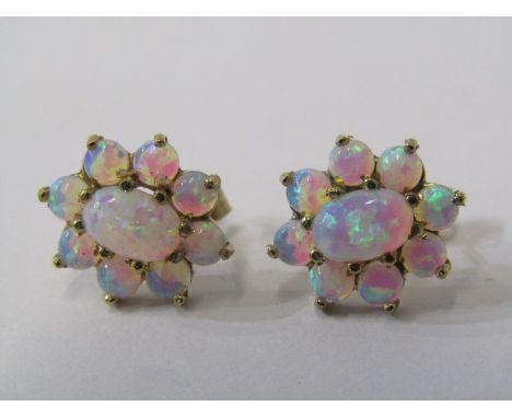 PAIR OF 9CT YELLOW GOLD OPAL CLUSTER EARRINGS, of floral form 