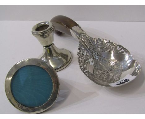 EASTERN SILVER SERVING SPOON, horn handled spoon with pierced dragon decoration, also miniature silver circular photo frame a