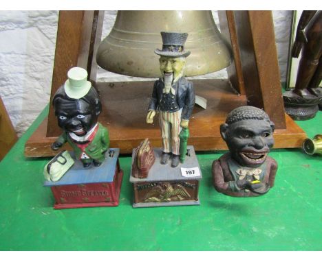 MONEY BOXES,  3 replica cast iron novelty money boxes "Stump Speaker", "Uncle Sam" and "Negroid Head" 